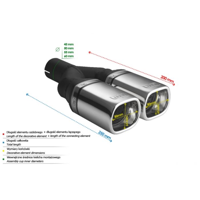 Universal rectangular exhaust tip, 80 × 65 mm, 200 mm length, 55 mm mounting diameter.