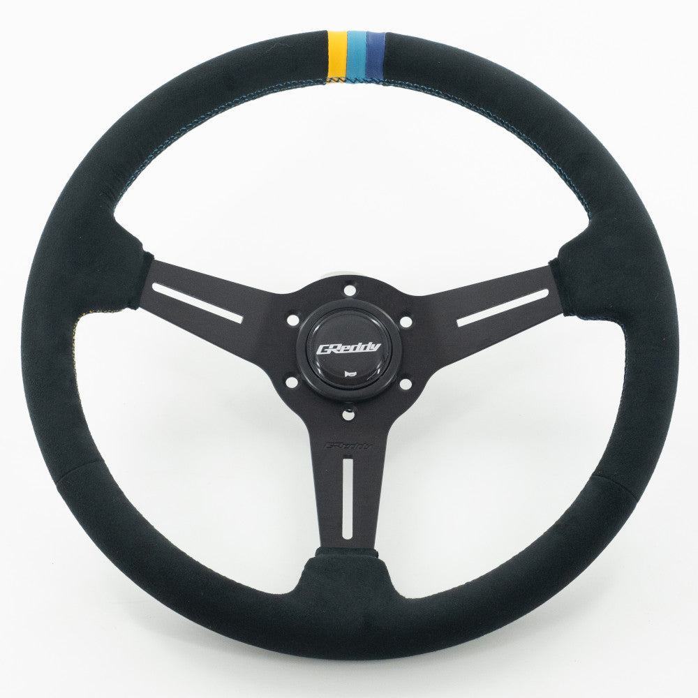 Volante deportivo GReddy "Standard Type" (concavidad de 47 mm), ante negro, radios negros - 340 mm