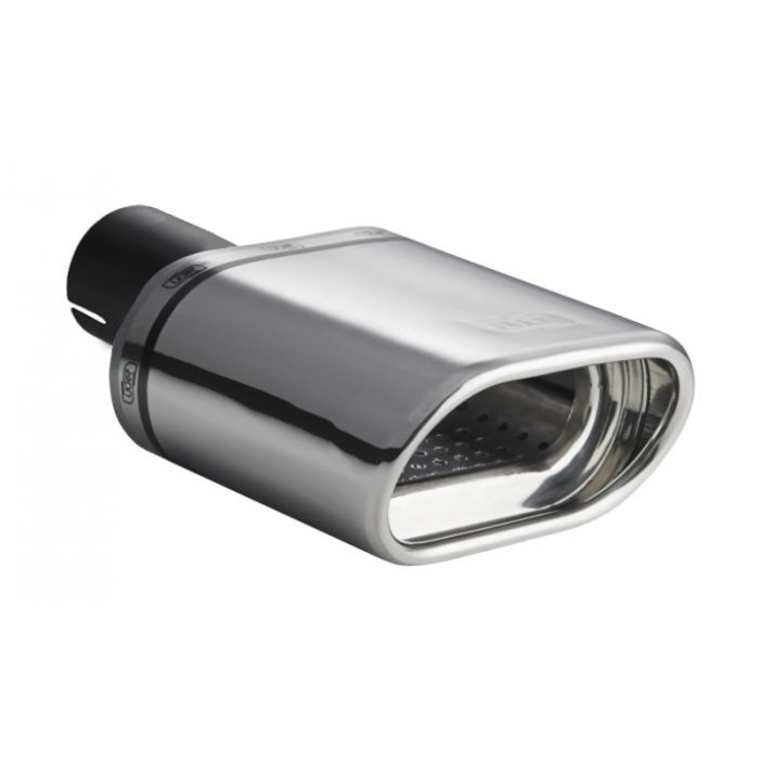 145 × 75 mm Oval Universal Exhaust Muffler Tip 140 mm Long with 55 mm Mounting Diameter.