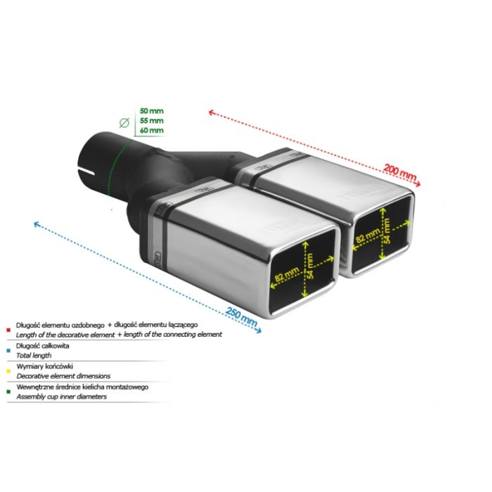 Universal rectangular exhaust pipe tip, 82 × 54 mm, 200 mm long, with a 60 mm mounting diameter.