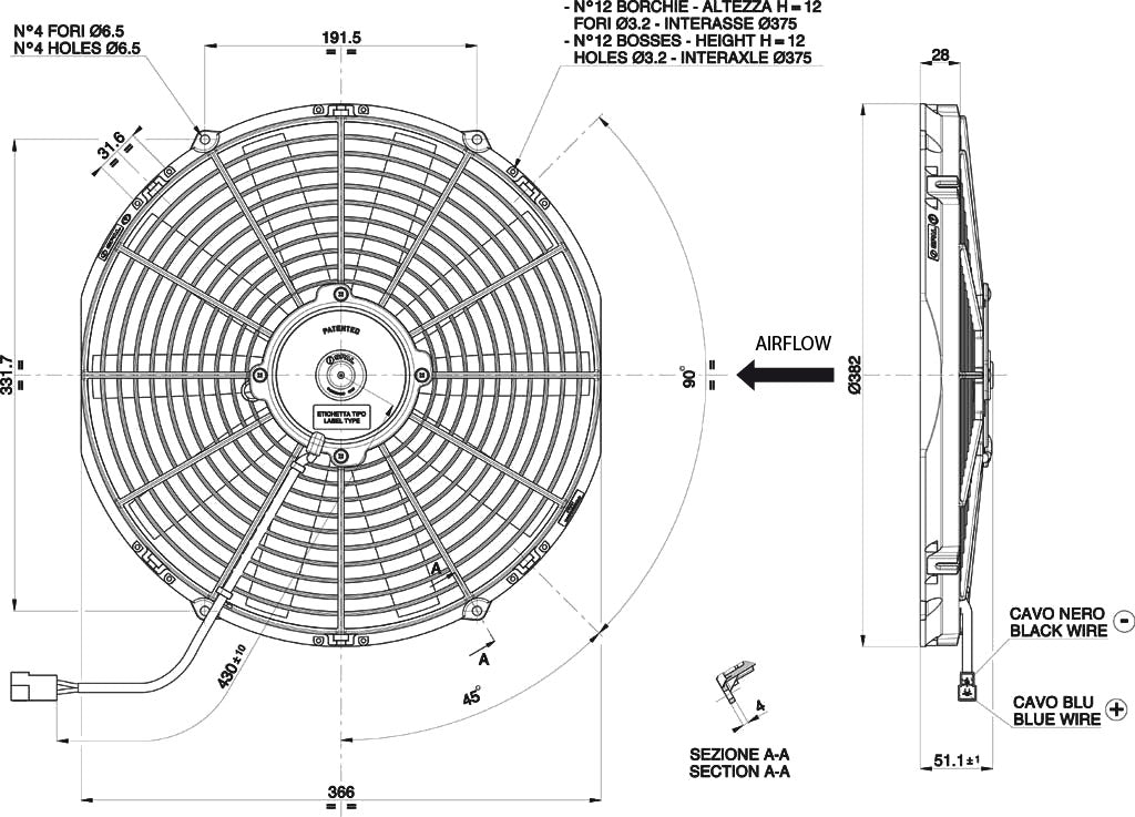 Ventilador axial SPAL 12V VA08-AP51/C-23S (350 mm)