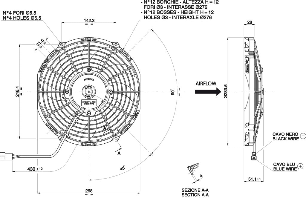 Ventilador de radiador axial aspirante SPAL 12V VA11-AP7/C-57A (255 MM)