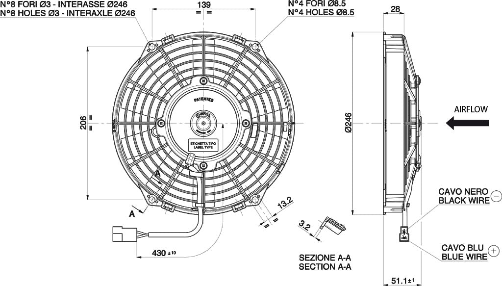 Ventilador axial impulsor SPAL 12V VA14-AP11/C-34S (190 mm)