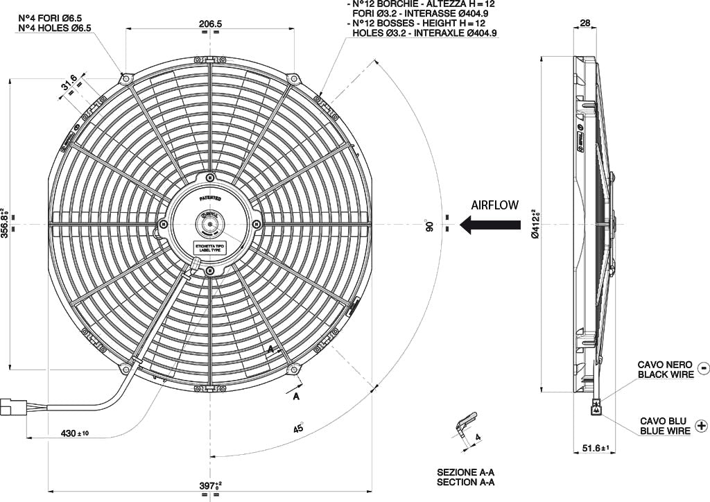 Ventilador axial impulsor para radiador Spal 12V VA18-AP10/C-41S (385 mm)