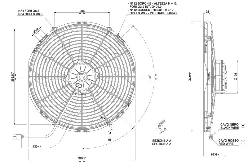 Ventilador axial aspirante de radiador SPAL 12V VA18-AP71/LL-59A BT KS (385 mm)
