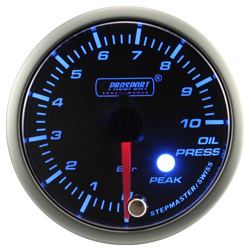 Indicador de presión de aceite Prosport Stepper Motor Peak serie 52 mm azul