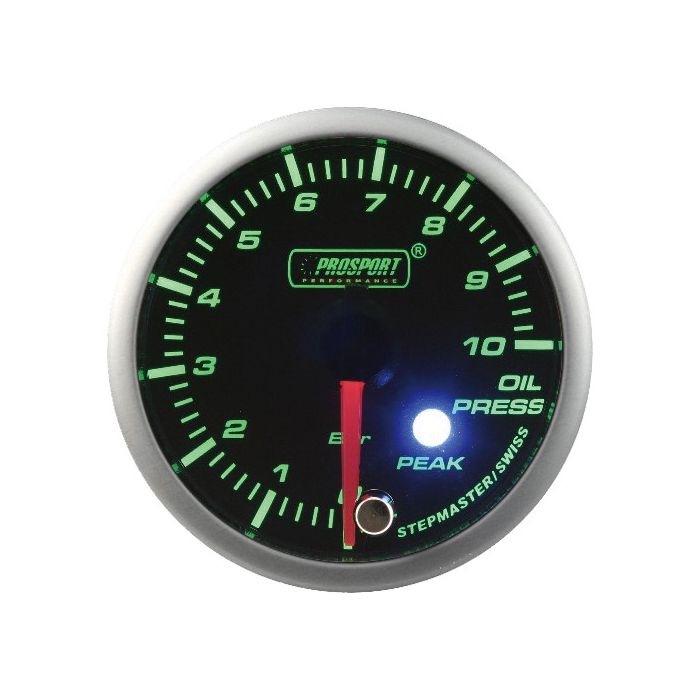 Motor paso a paso con indicador de presión de aceite Prosport, serie Peak, 52 mm, color verde.