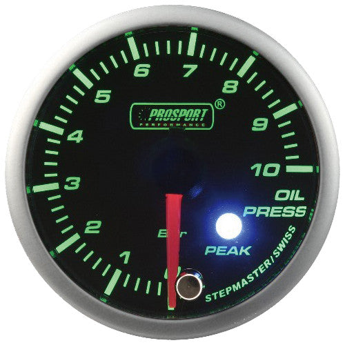 Indicador de presión de aceite Prosport Stepper Motor Peak serie 52 mm verde
