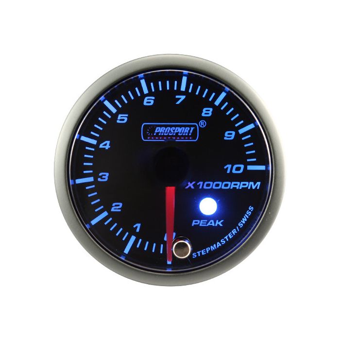 Tacómetro Prosport con motor paso a paso, serie Peak, 52 mm, color azul.