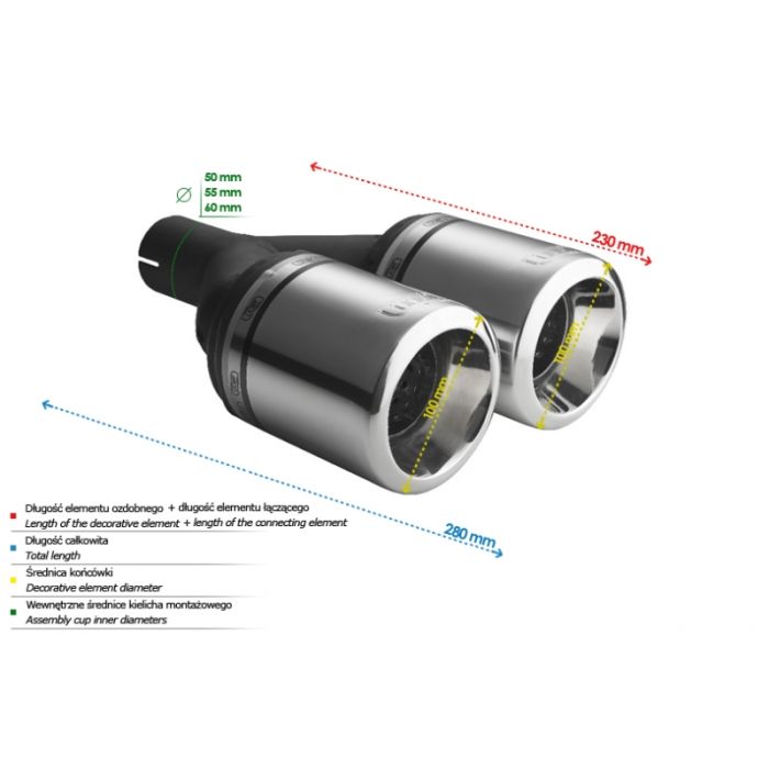 100mm long, 50mm mounting diameter, 230mm round universal exhaust pipe tip.