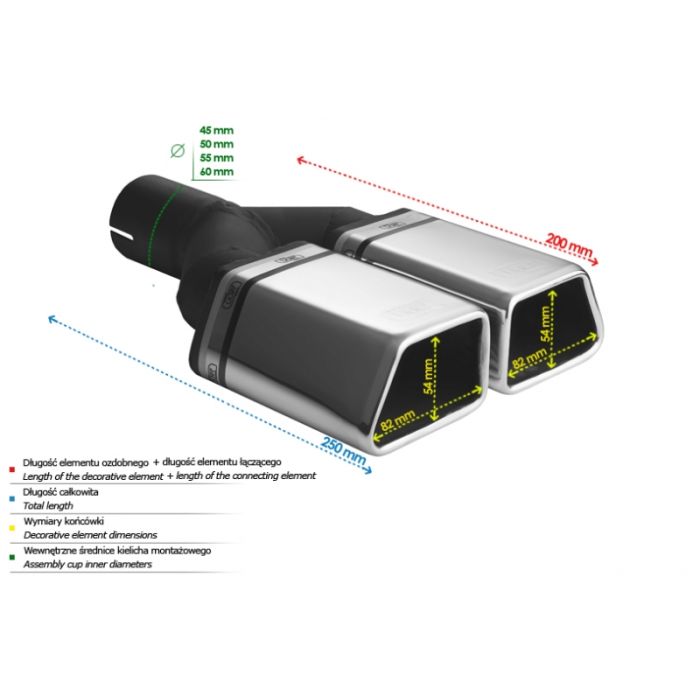 Special Universal Exhaust Pipe Muffler Tip 86x54 mm, 200 mm Length, 45 mm Mounting Diameter