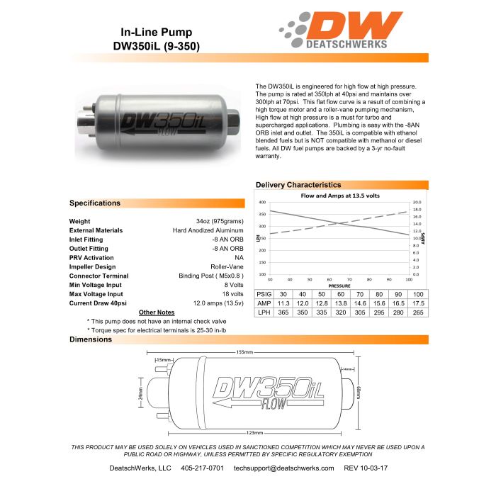 Bomba de combustible DeatschWerks DW350il 350 lph para